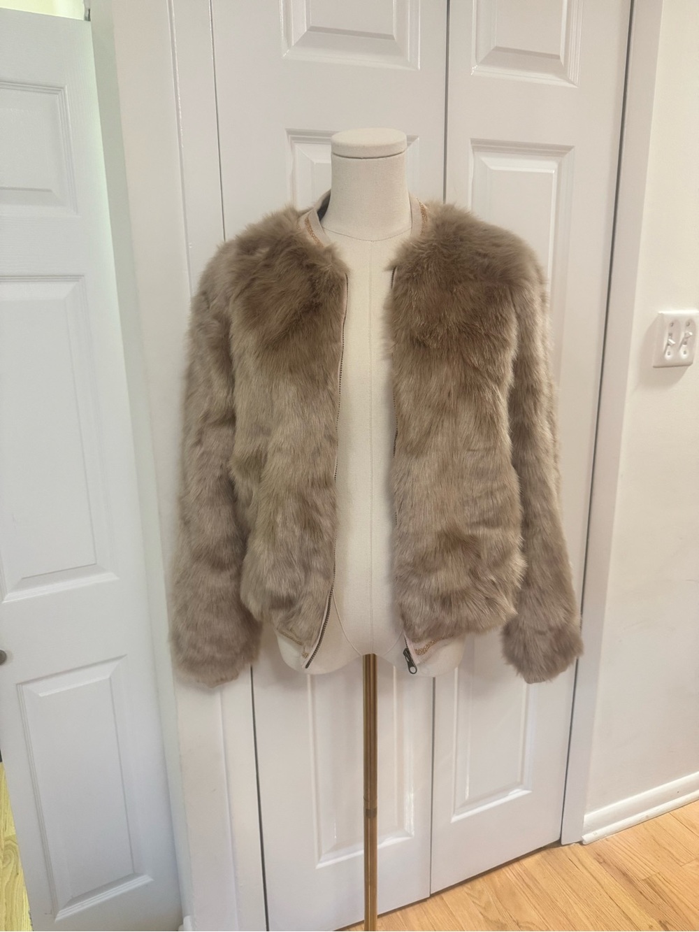 MOTHER The Letterman Faux Fur Jacket Beige Size M